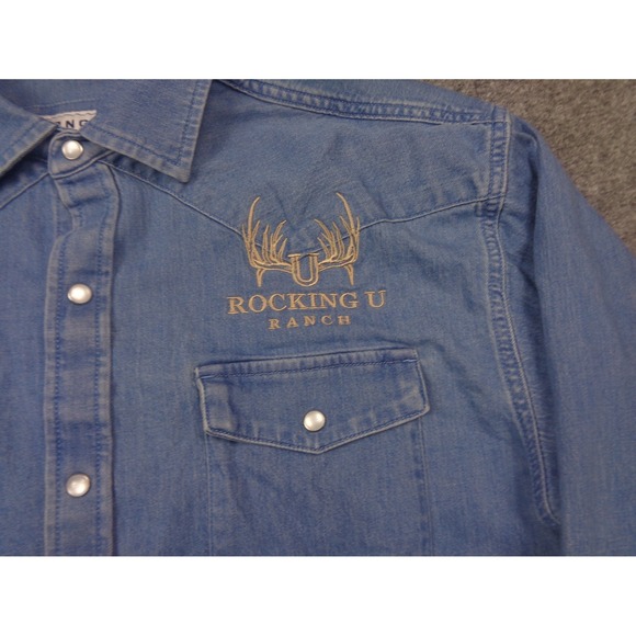 Poncho Denim Shirt Mens L Pearl Snap Regular Fit Casual Outdoor Pockets Cotton - Picture 5 of 12